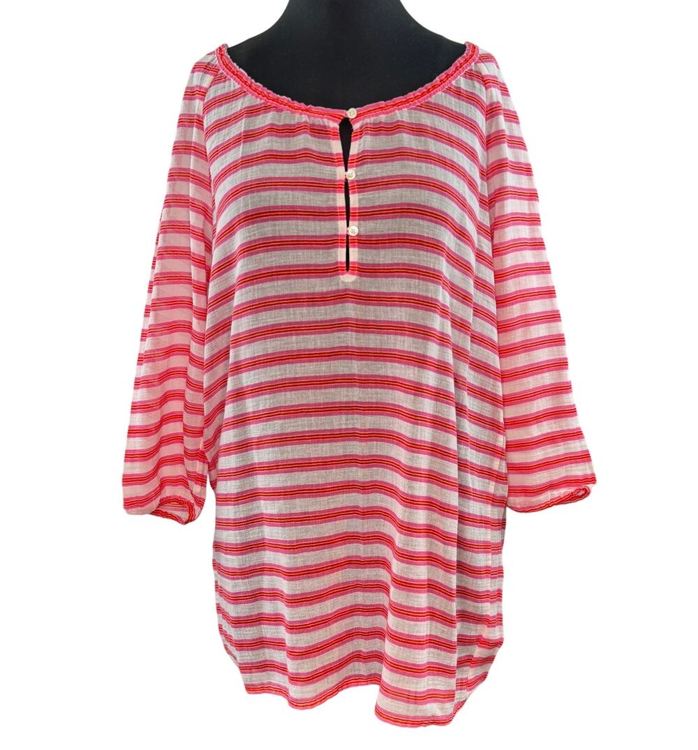 J.Crew Pink White Blouse Cotton Striped Boat Henley Neck Casual Size Medium M